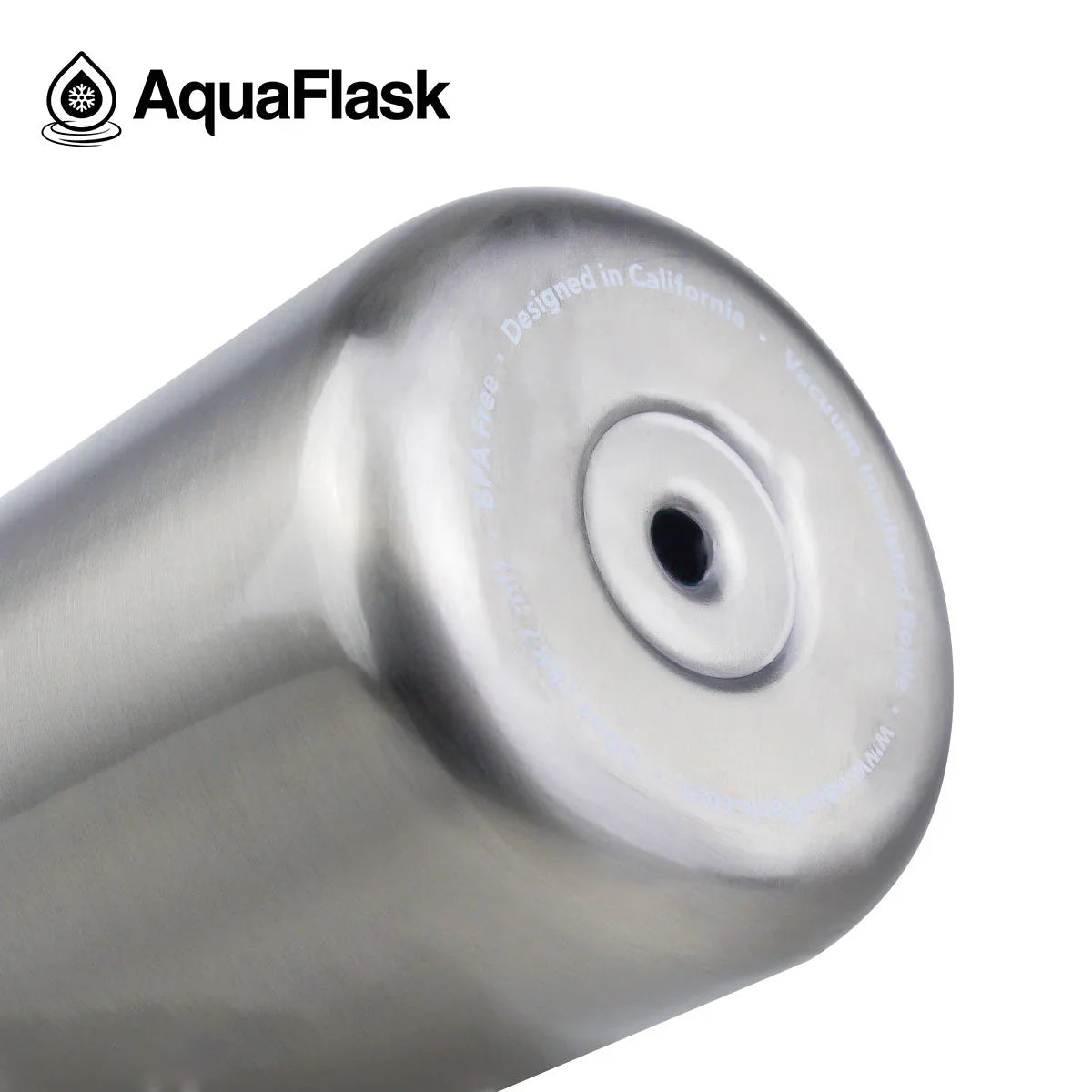 AquaFlask stainless steel insulated water bottle bottom close-up