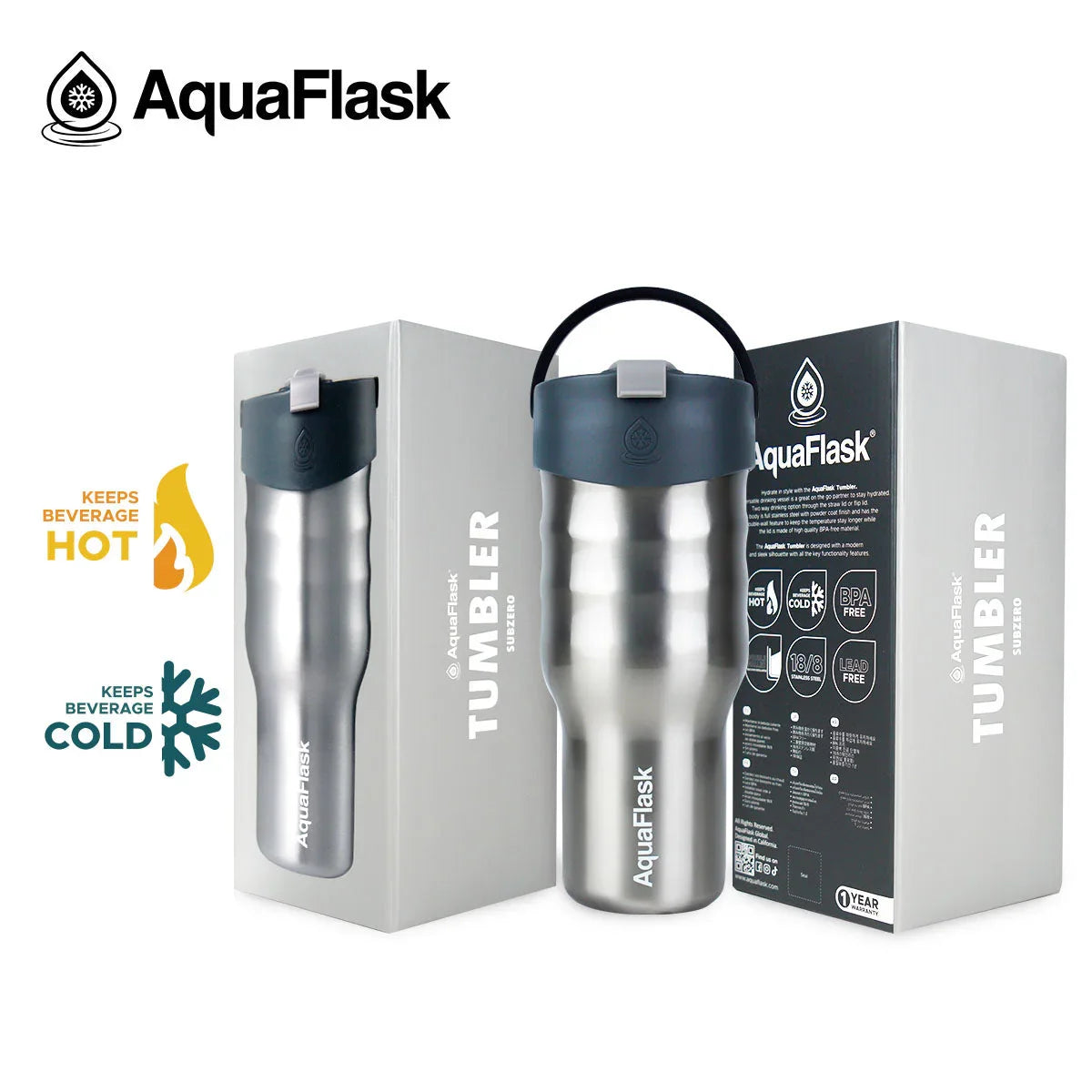 AquaFlask 30oz stainless steel tumbler with lid in front of branded packaging, keeps drinks hot or cold