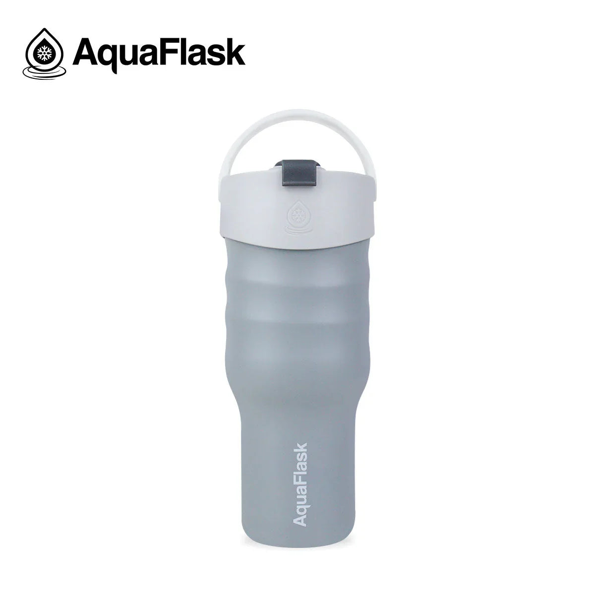 AquaFlask Arctic Frost insulated water bottle with white lid and handle on white background