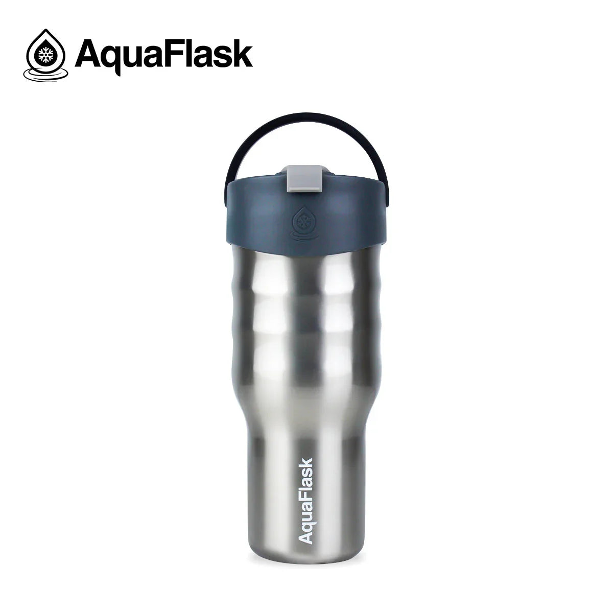 AquaFlask stainless steel tumbler with dark gray lid and handle on white background