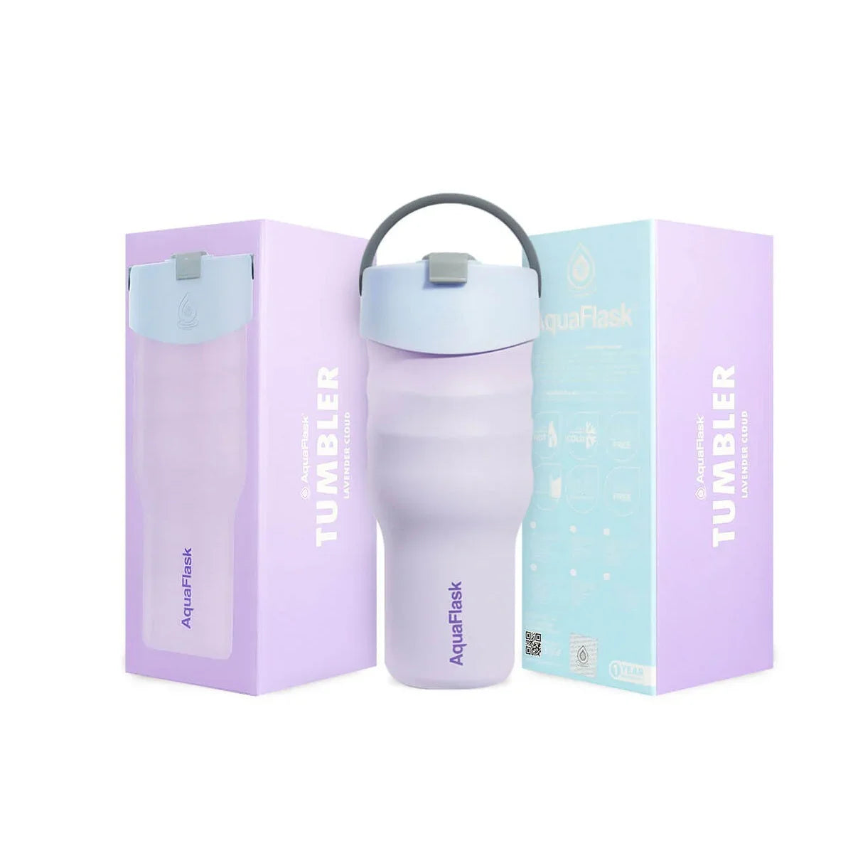 AquaFlask Lavender Cloud tumbler 30oz with handle and pastel purple packaging.