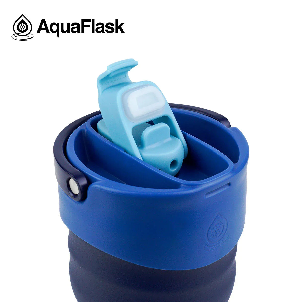AquaFlask blue water bottle with flip-top lid and logo against white background