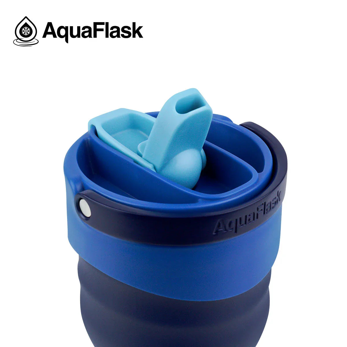 AquaFlask blue water bottle with flip-top straw lid and embossed logo, studio background