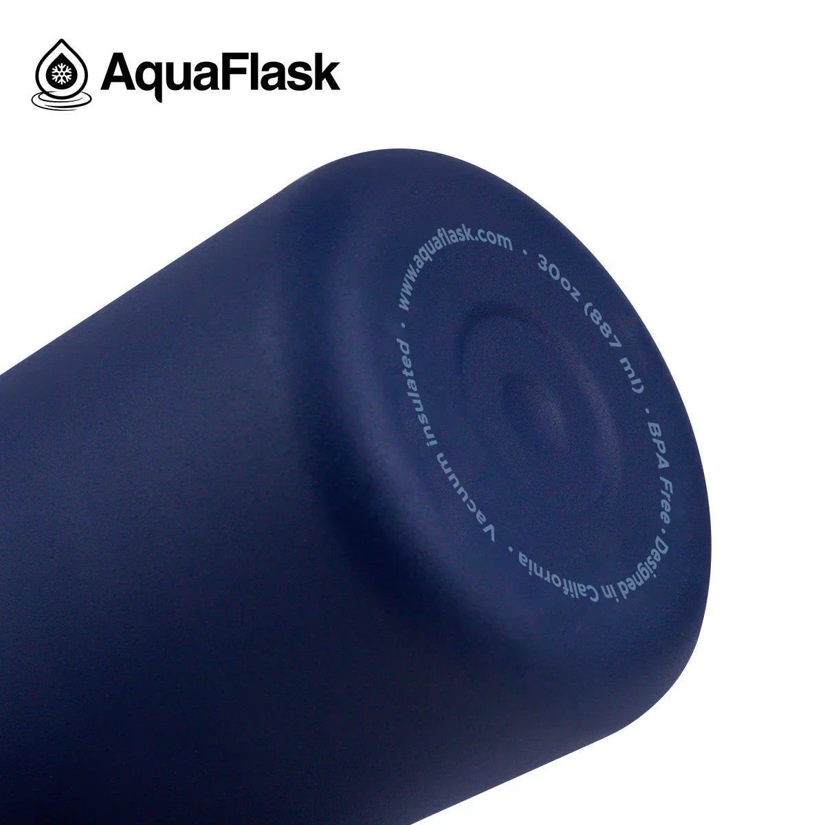 Navy blue AquaFlask vacuum insulated water bottle with logo and product details visible