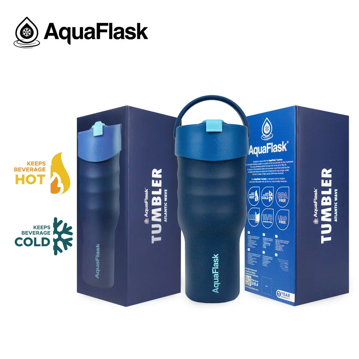 AquaFlask Atlantic Wave 30oz blue tumbler with box, hot and cold beverage icons