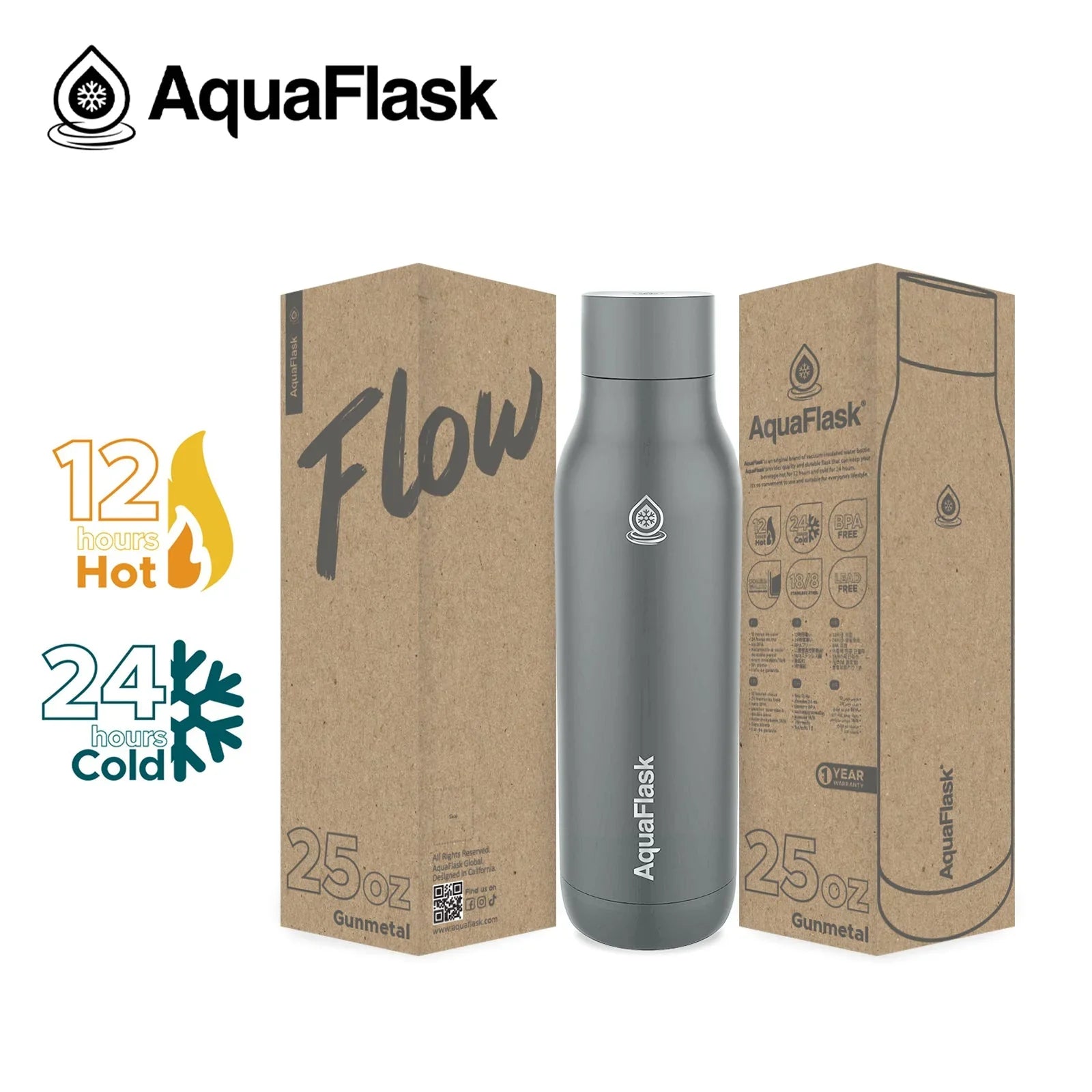AquaFlask 25oz gunmetal stainless steel bottle with packaging, keeps drinks hot or cold