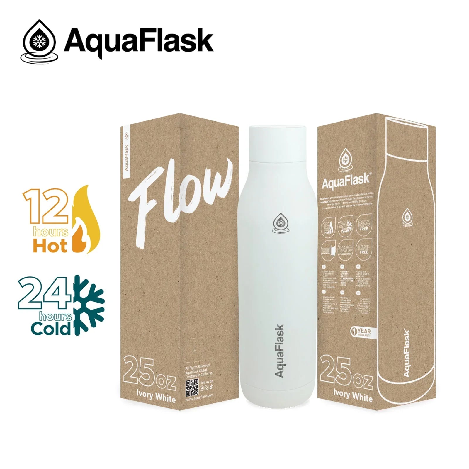 AquaFlask Ivory White 25oz insulated water bottle with packaging, keeps drinks hot 12 hours or cold 24 hours.