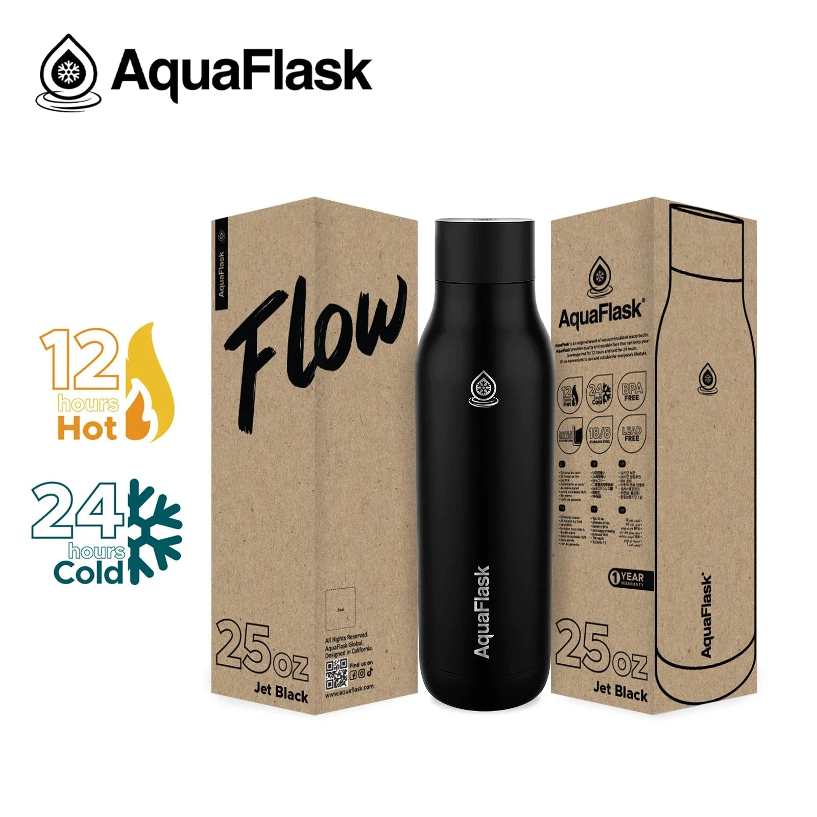 AquaFlask Flow 25oz jet black insulated water bottle with packaging, hot and cold icons.