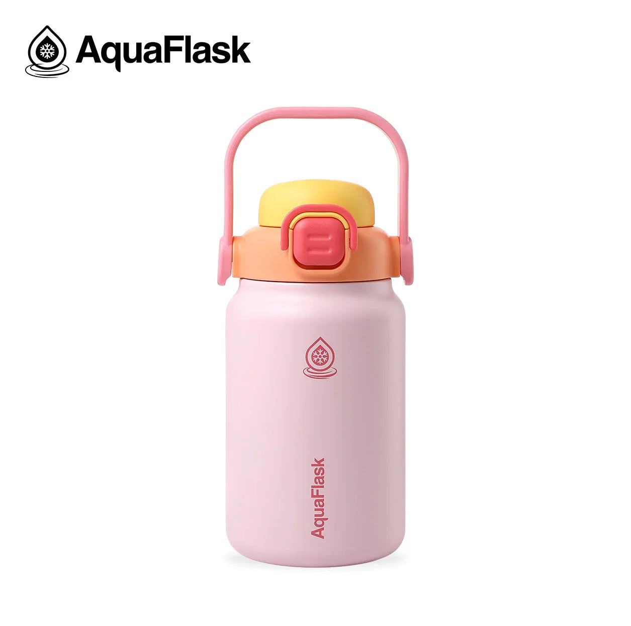 AquaFlask 40oz Buttercup water bottle in pink and yellow with handle, product photo