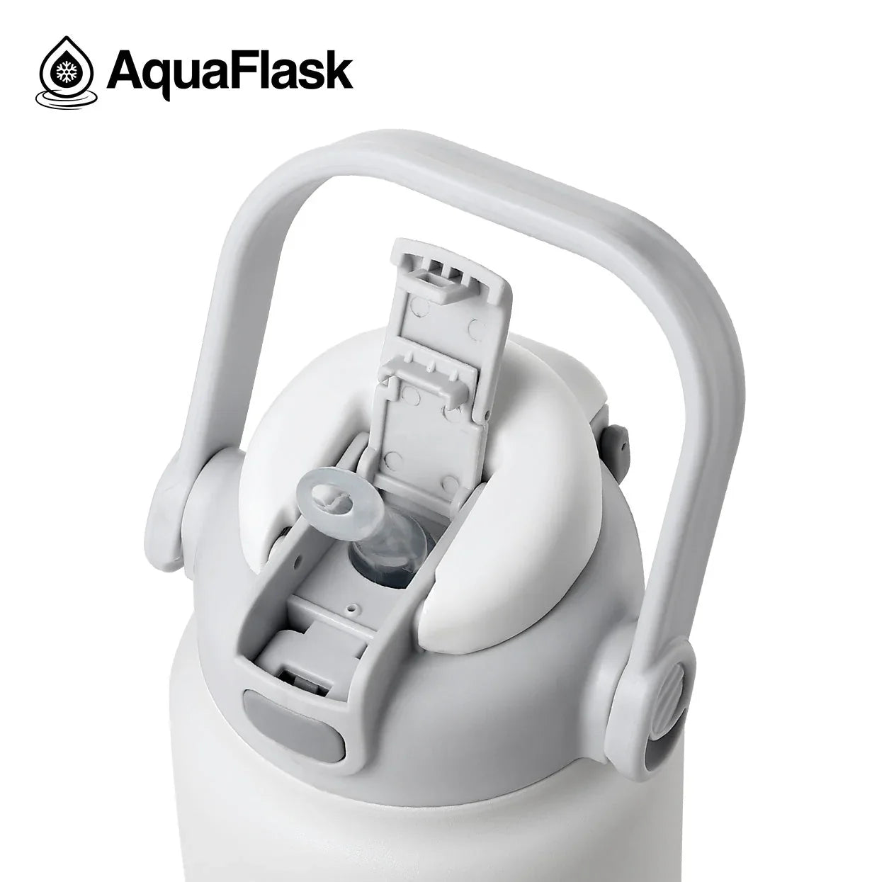 AquaFlask 40oz cream puff water bottle with flip-top lid and handle