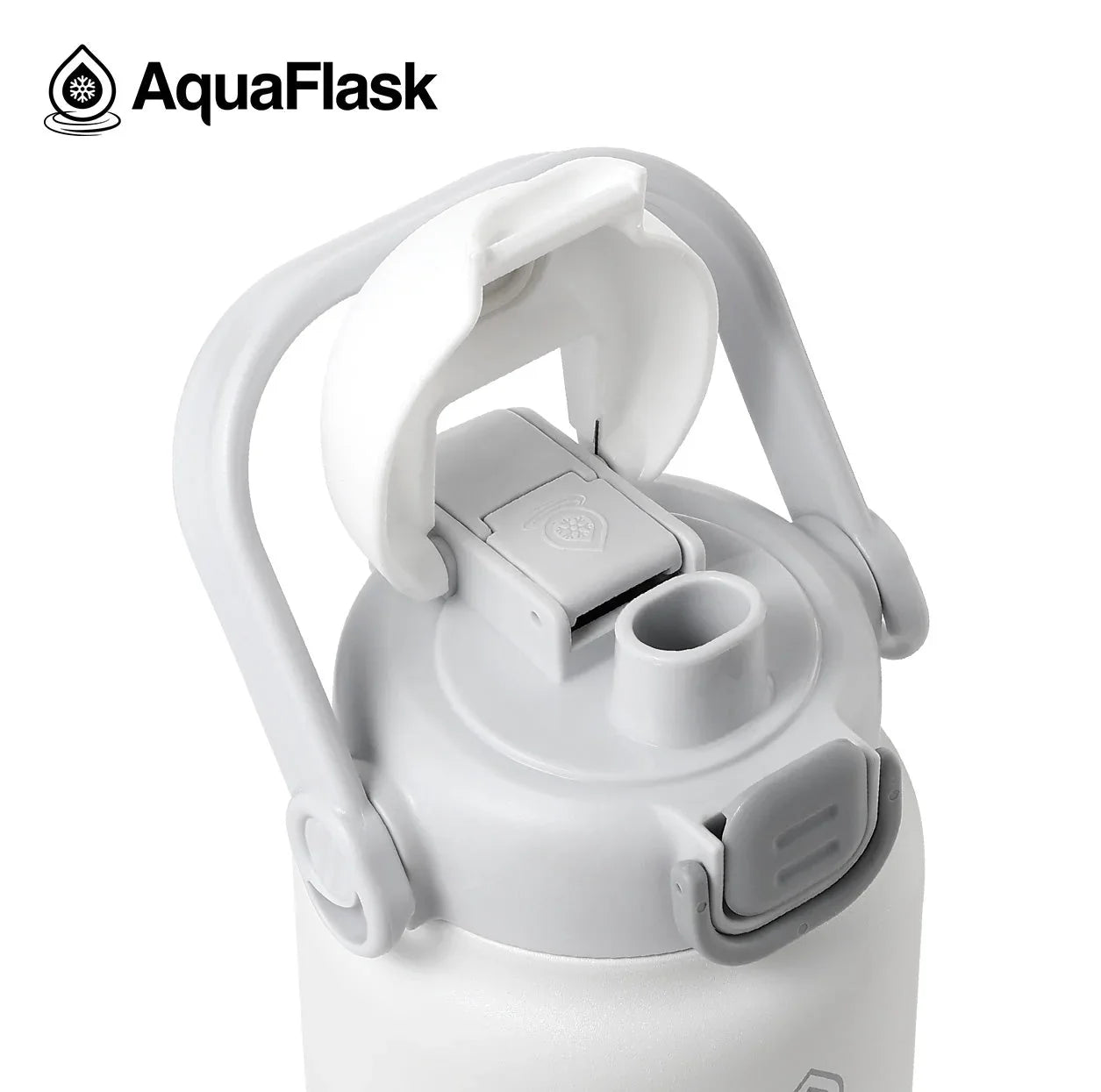 AquaFlask 40oz Cream Puff water bottle with flip-top lid and wide mouth opening.