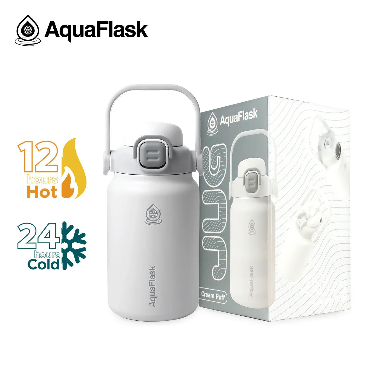 AquaFlask 40oz cream puff insulated jug with packaging, keeps drinks hot 12h, cold 24h