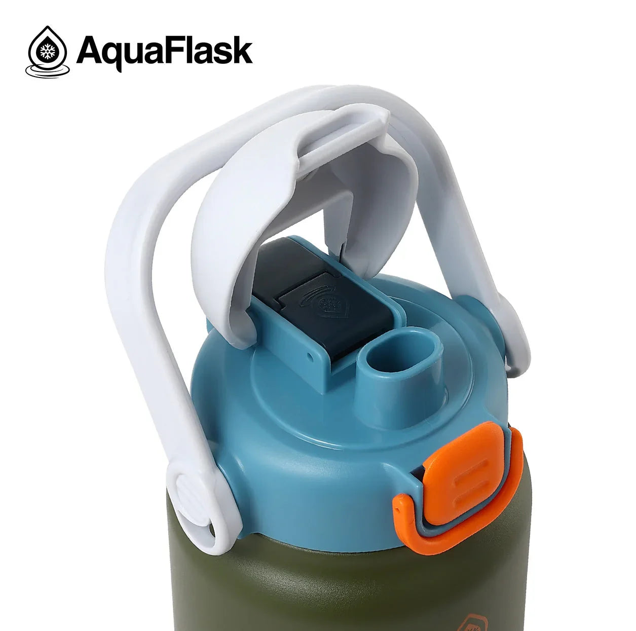 AquaFlask 40oz Penny Lane water bottle with blue lid, white handle, and orange latch.