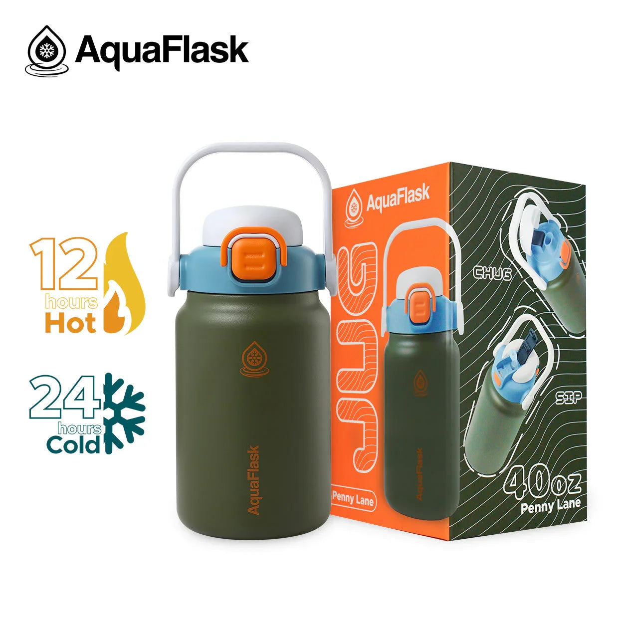 AquaFlask 40oz Penny Lane green insulated water bottle with box, hot and cold icons