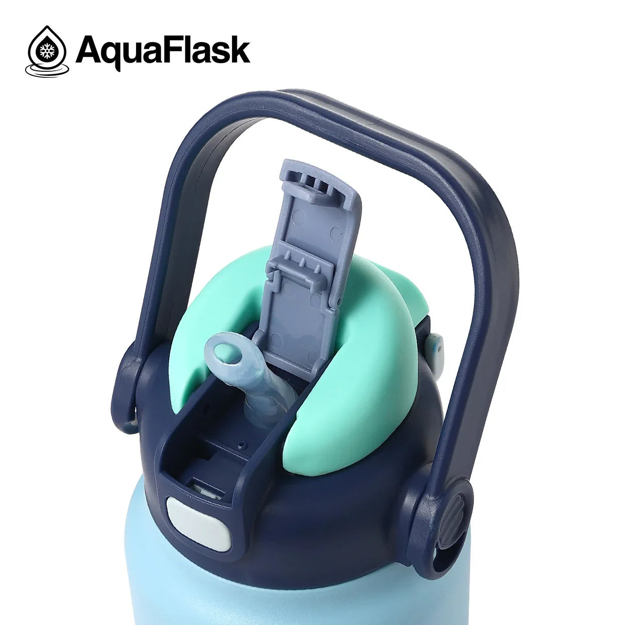 AquaFlask 40oz water bottle with flip-top lid, straw, and blue handle.