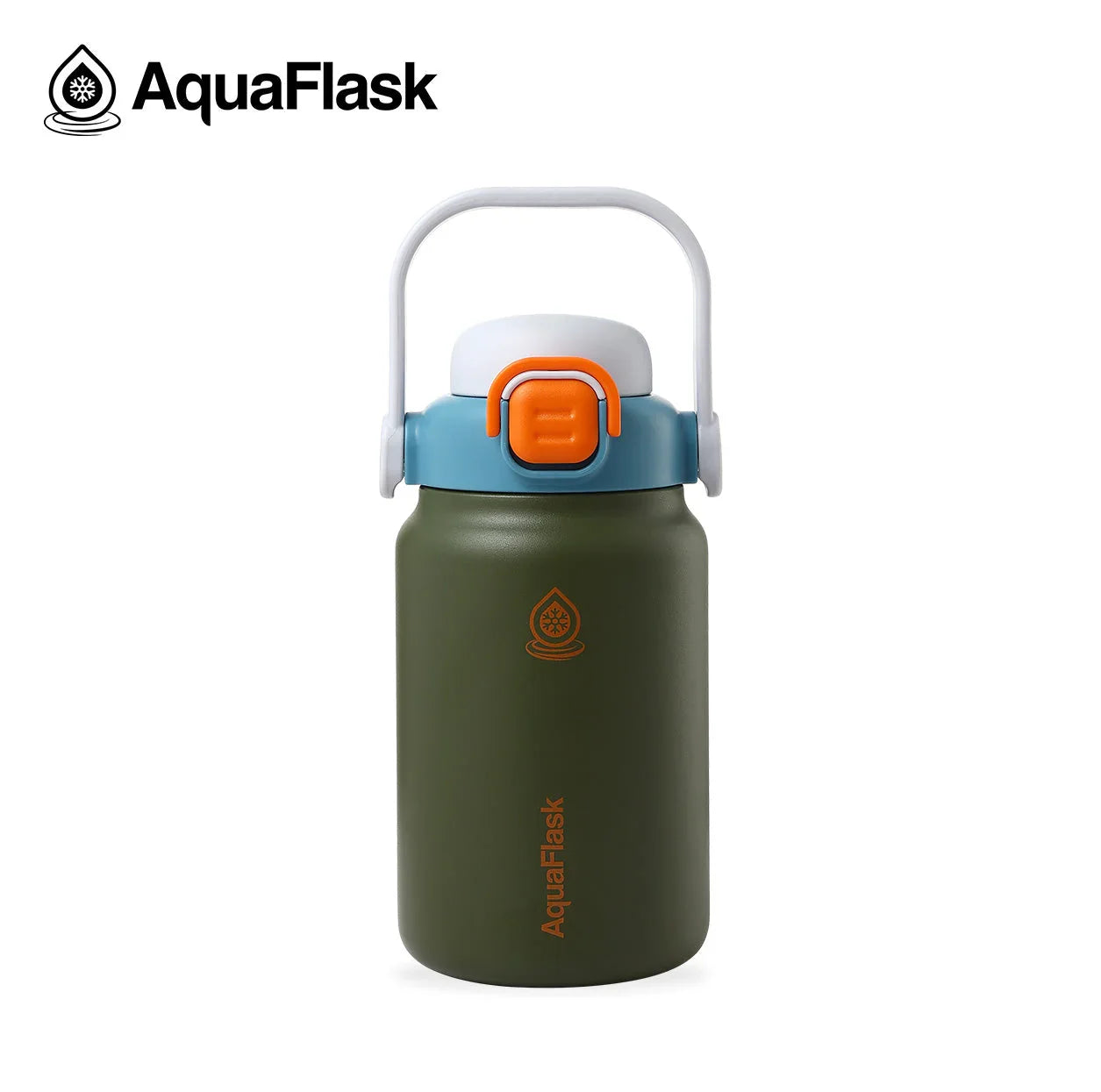 AquaFlask 40oz olive green water bottle with blue lid, orange latch, and white handle