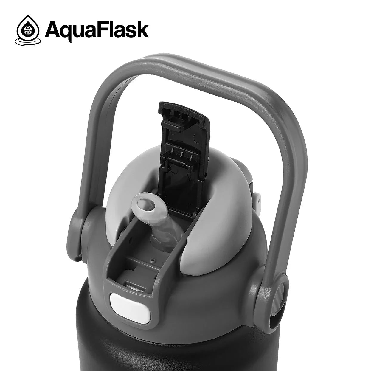 AquaFlask 40oz water bottle with gray flip-top lid and carrying handle, close-up view