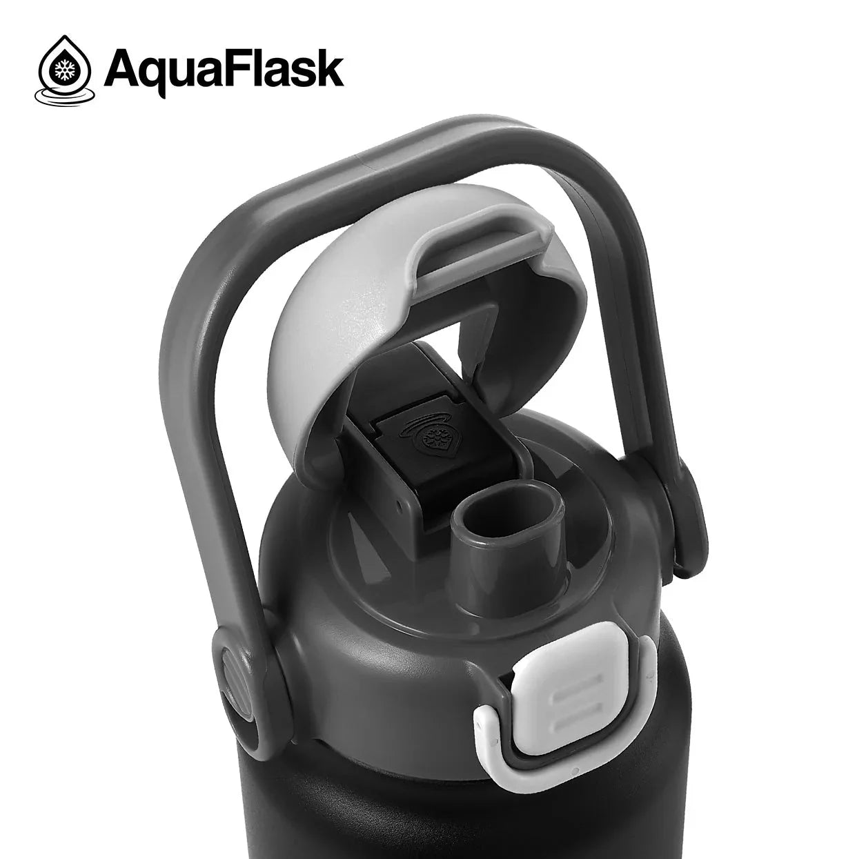AquaFlask water bottle close-up with gray handle and flip-top lid