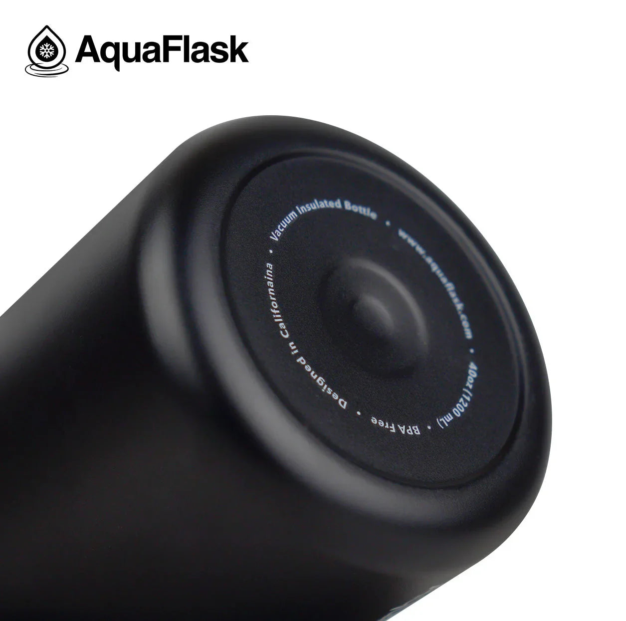 AquaFlask black vacuum insulated bottle close-up with logo, BPA free, durable design.