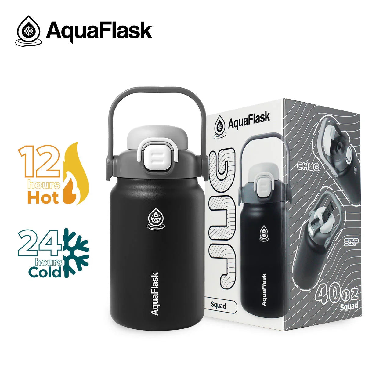 AquaFlask 40oz Squad black water jug with handle and box, keeps drinks hot 12h, cold 24h