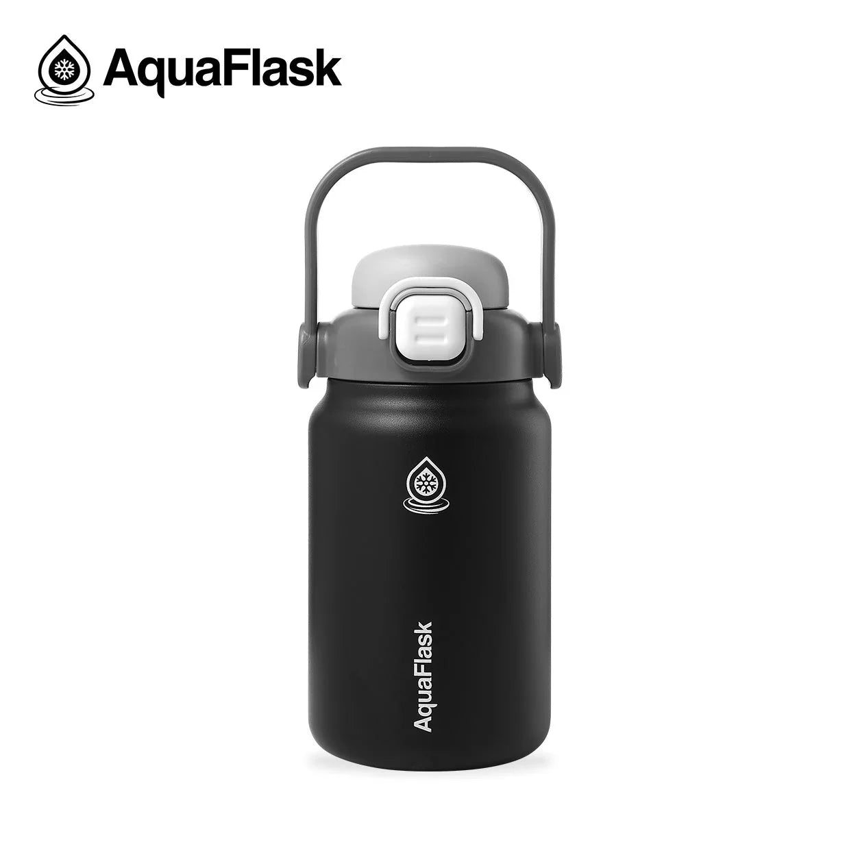 Black AquaFlask water bottle with handle, logo, and secure lid on white background