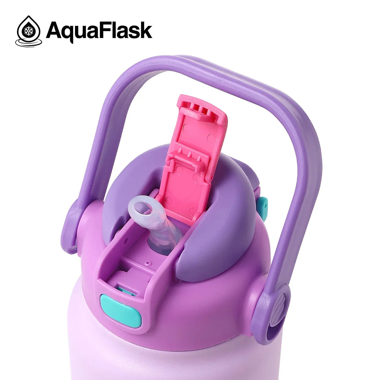 AquaFlask 40oz pastel purple and pink water bottle with handle and flip straw lid