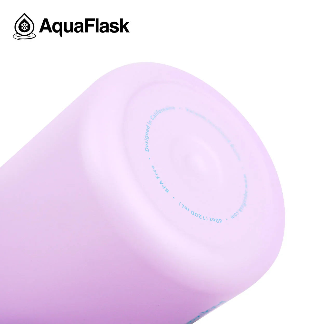 AquaFlask 40oz Sweet Pea pink water bottle bottom view, BPA free branding