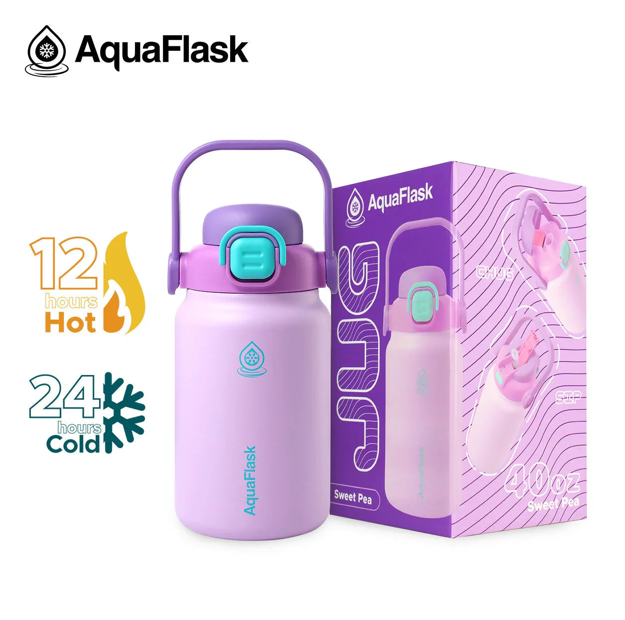 AquaFlask Sweet Pea 40oz purple and teal insulated water jug with box, keeps drinks hot 12 hours or cold 24 hours.