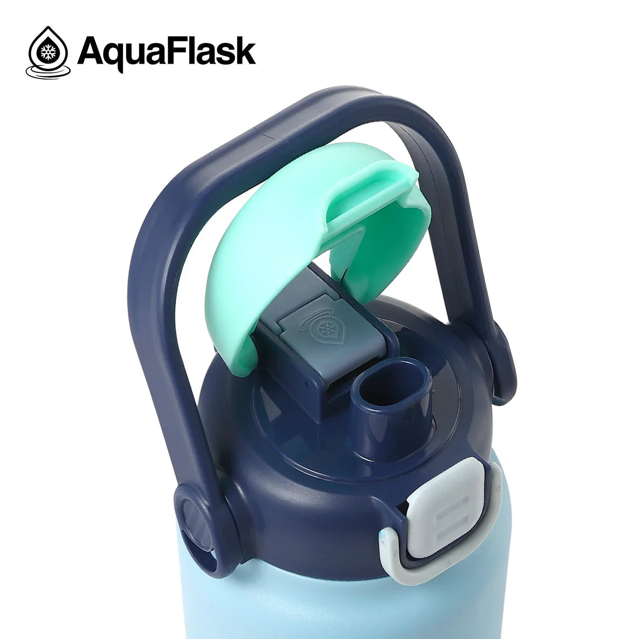 AquaFlask 40oz water bottle with blue lid, mint green handle, and flip-top spout.