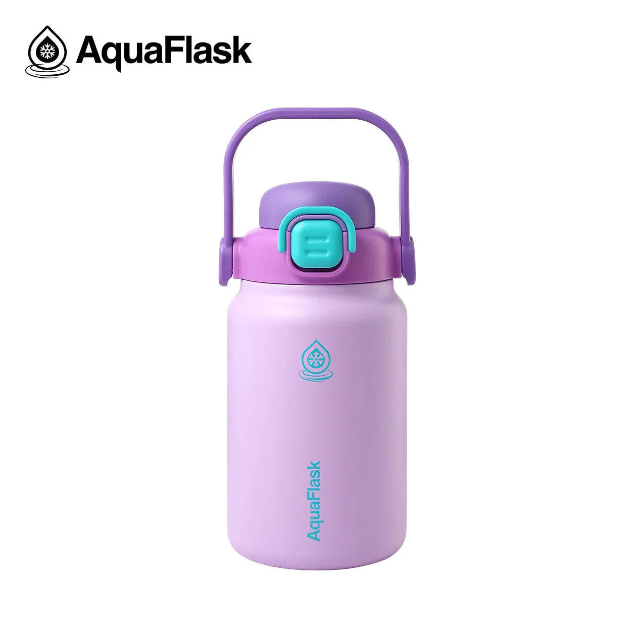 AquaFlask 40oz Sweet Pea purple insulated water bottle with handle, aqua blue accents.