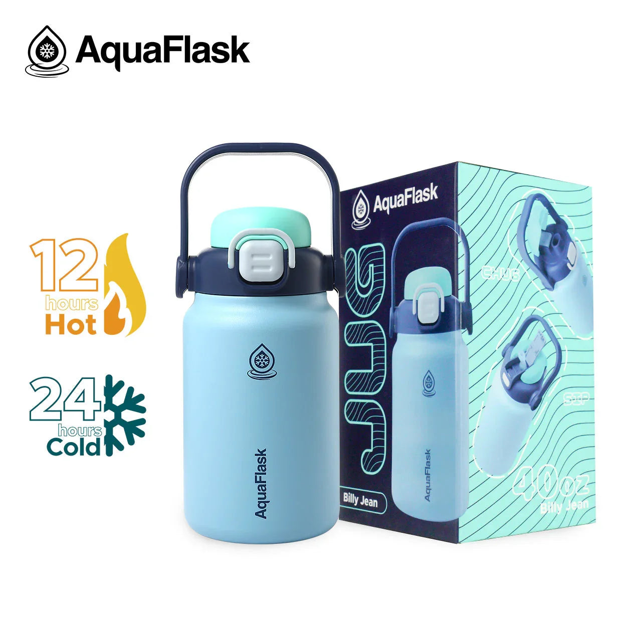 AquaFlask 40oz Billy Jean insulated water jug with box, blue bottle, hot and cold retention icons