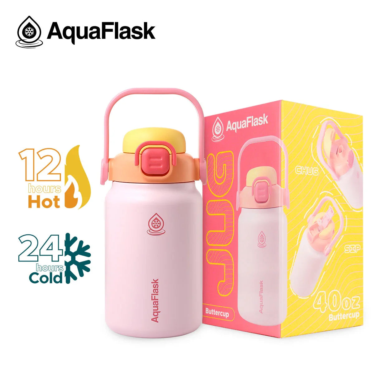 AquaFlask 40oz Buttercup pink and yellow insulated water jug with box, hot and cold icons