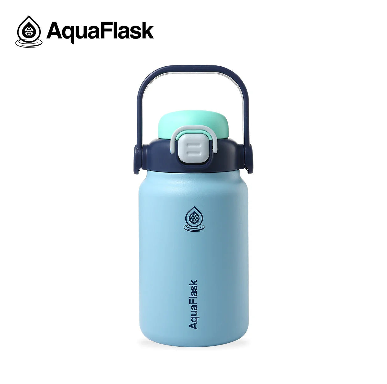 AquaFlask 40oz light blue insulated water bottle with handle and mint lid