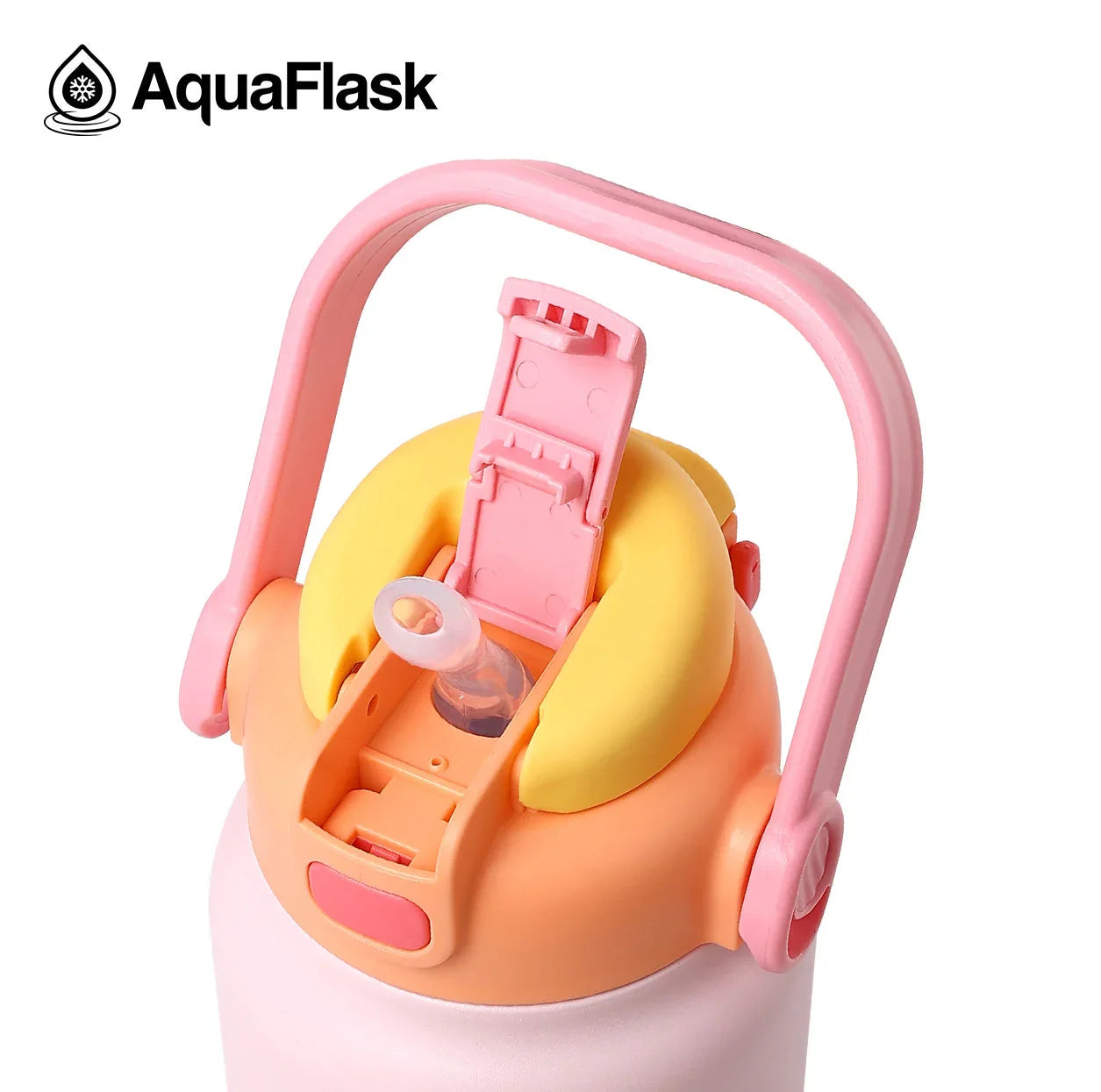AquaFlask 40oz pastel pink and yellow water bottle with flip lid and straw