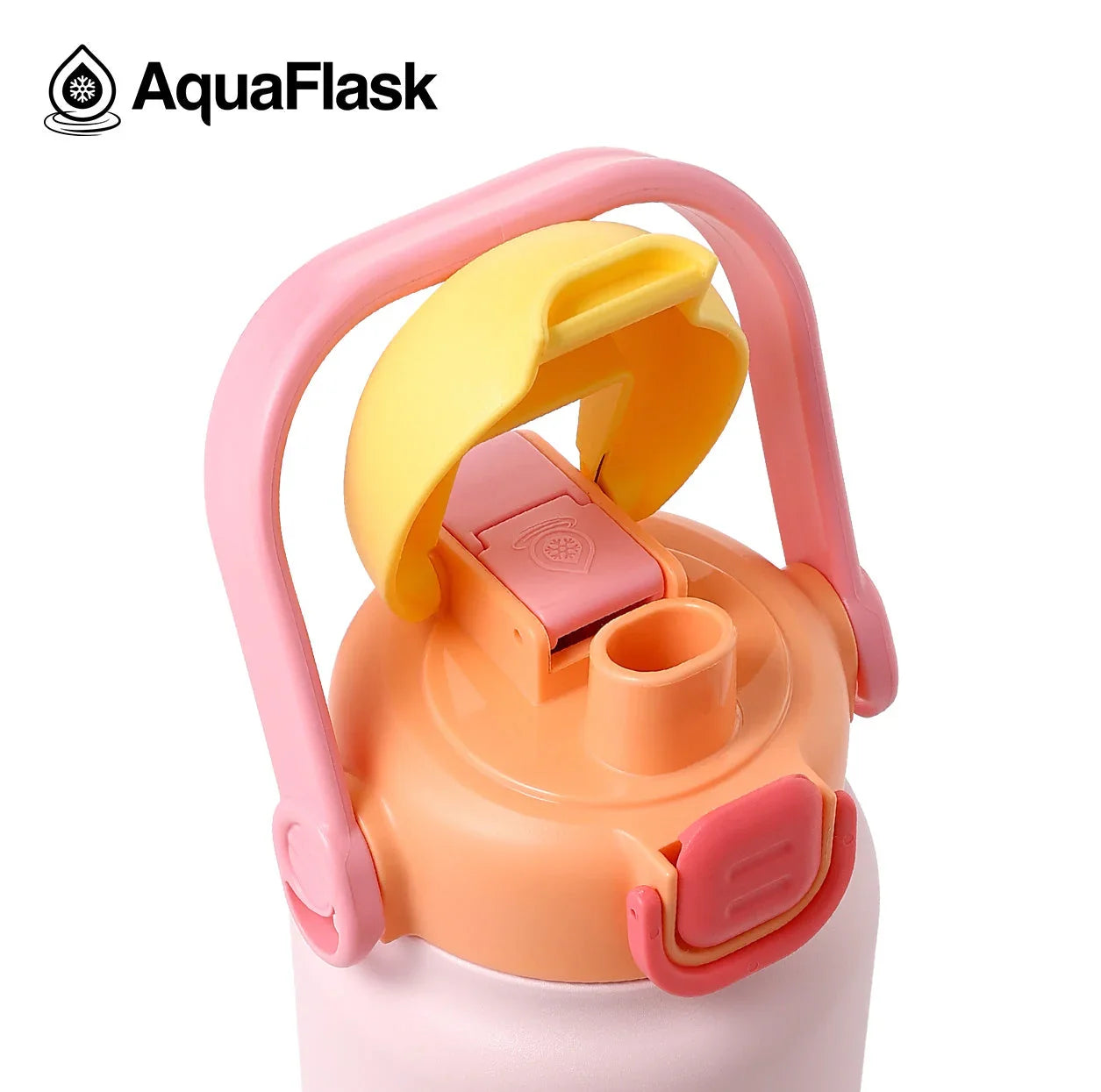 AquaFlask 40oz Buttercup water bottle with pastel pink, yellow, and orange lid