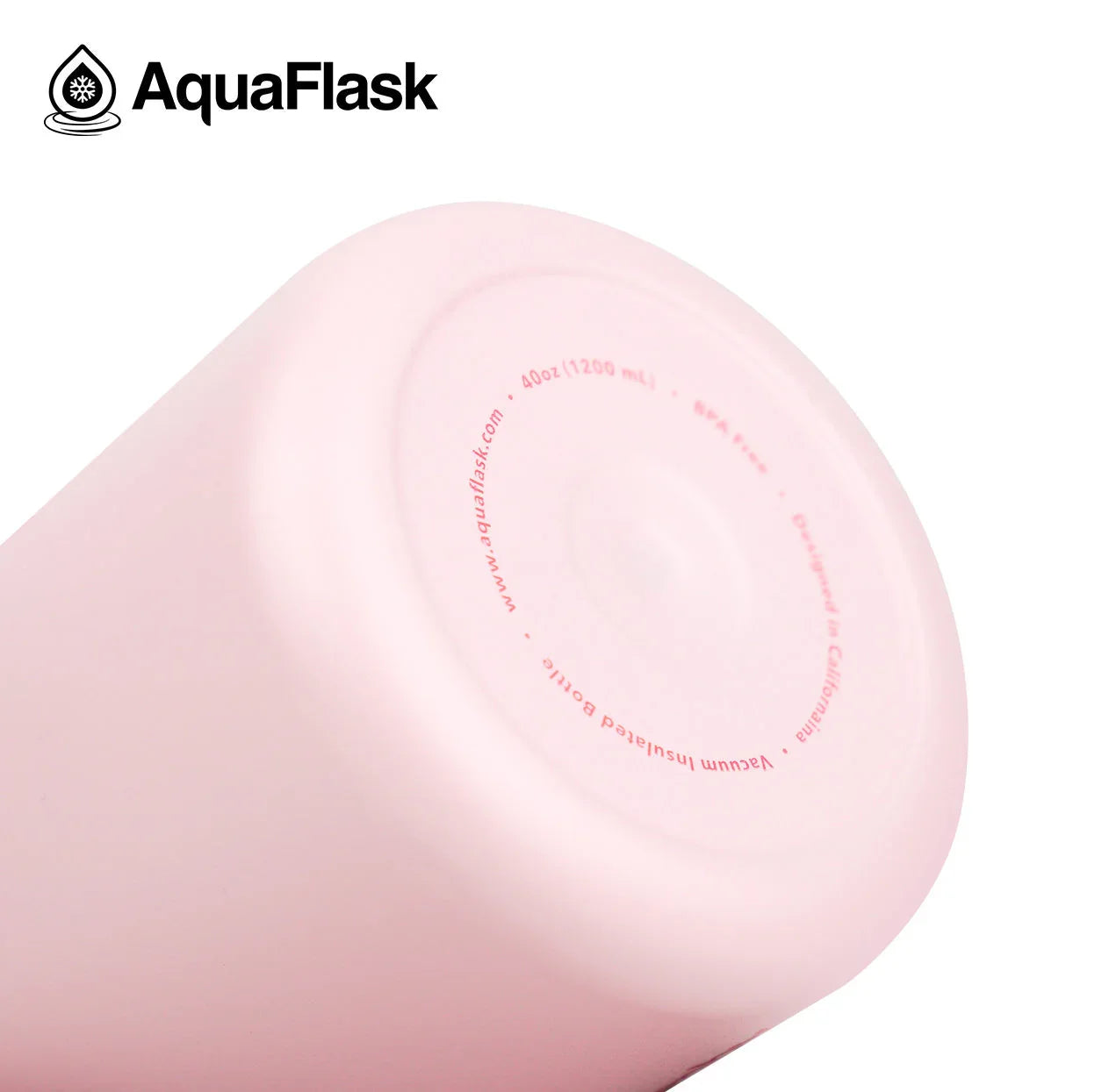 AquaFlask 40oz light pink vacuum insulated bottle bottom close-up on white background