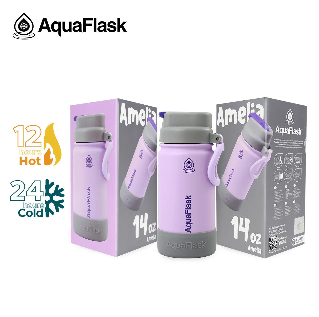 AquaFlask 14oz Amelia lavender kids water bottle with box, hot and cold icons