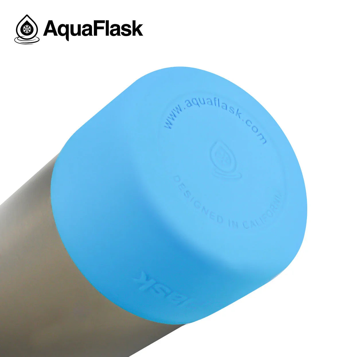 AquaFlask stainless steel bottle with blue lid and logo, insulated water bottle