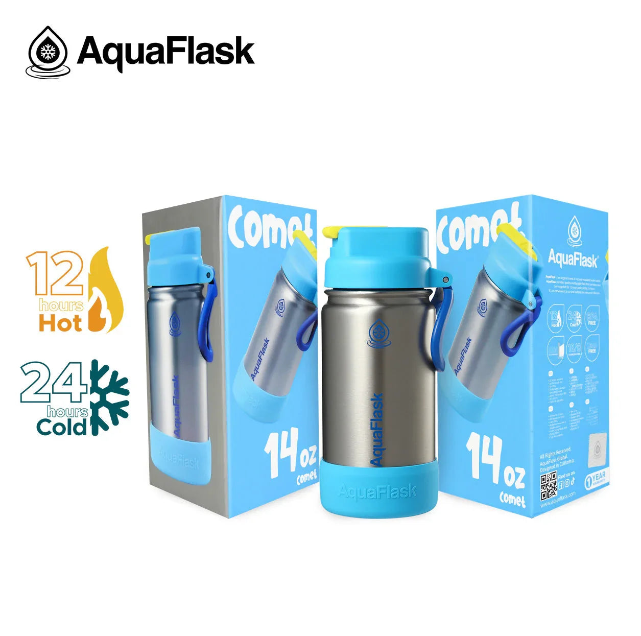 AquaFlask Comet 14oz kids stainless steel water bottle with blue lid and packaging.