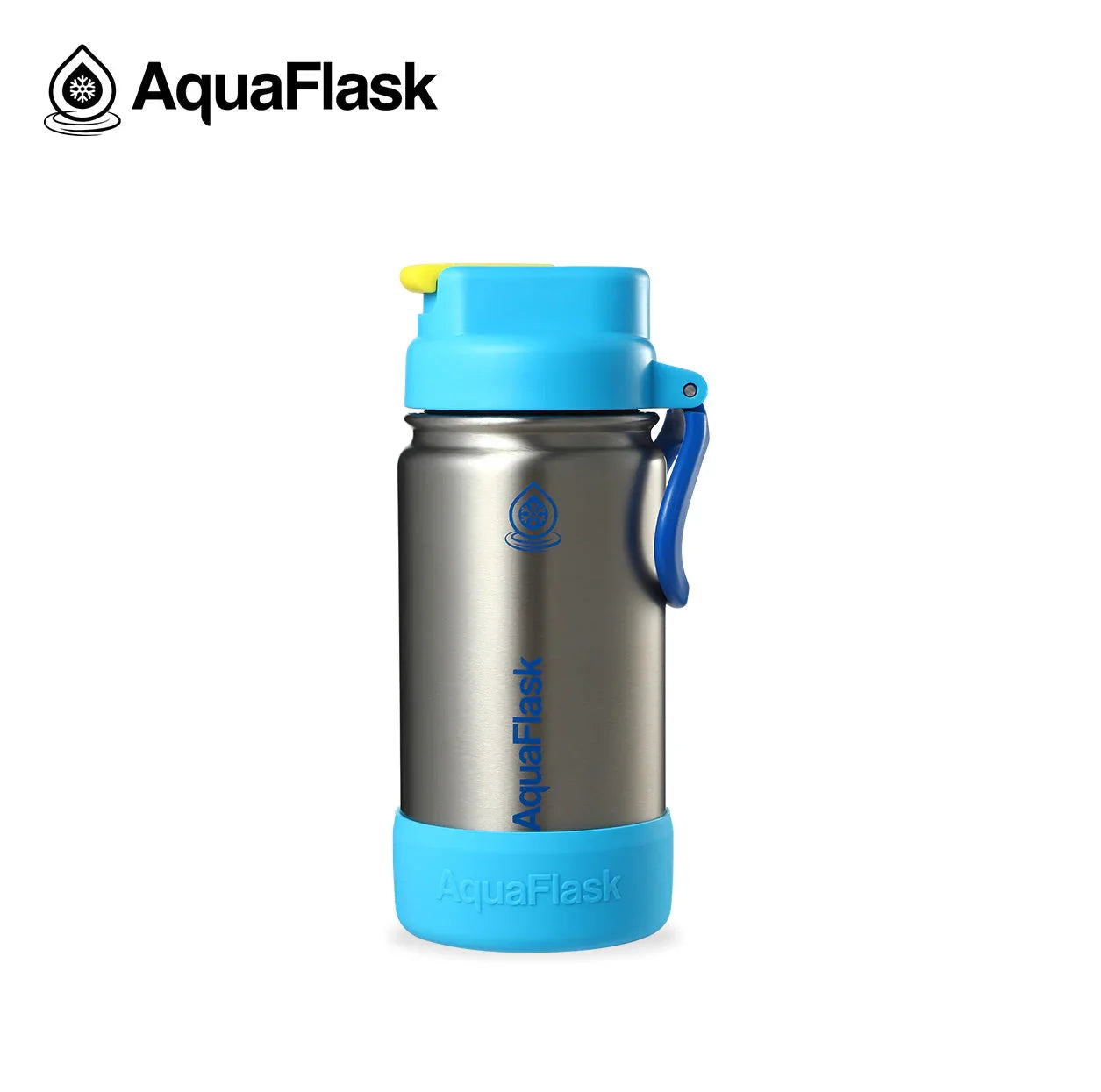 AquaFlask Kids Flip Sip Comet 14oz stainless steel water bottle with blue lid and base