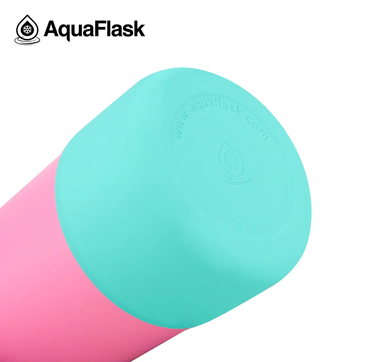 AquaFlask kids water bottle with pink body and teal base, brand logo visible