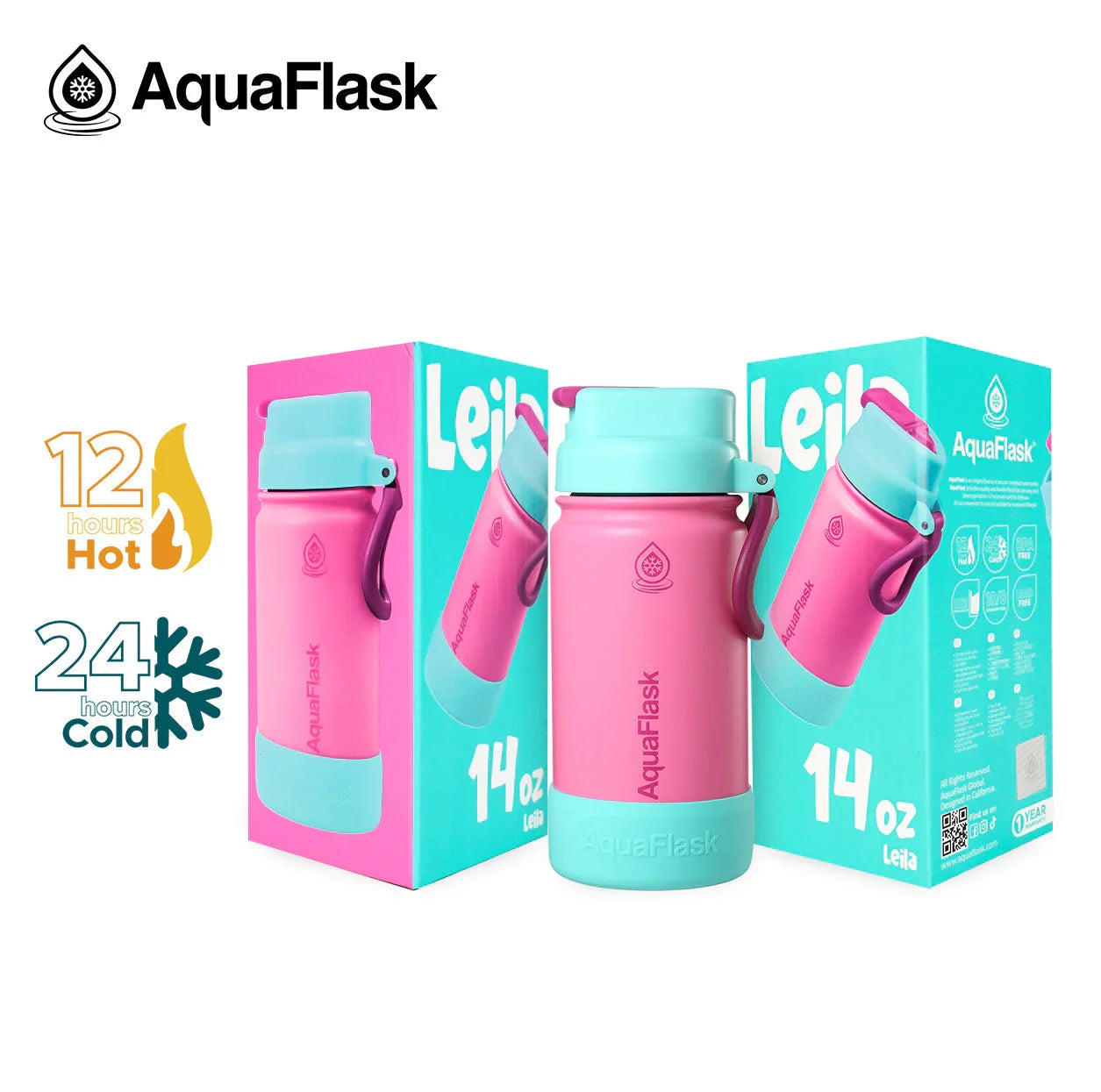 AquaFlask Kids Flip Sip Leila 14oz pink and teal bottle with packaging