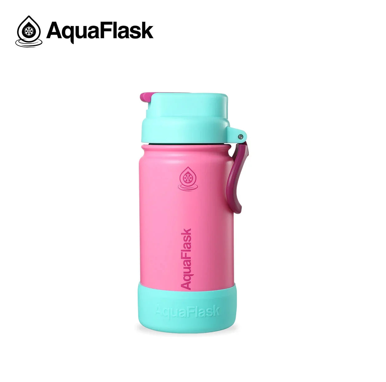 AquaFlask Kids Flip Sip 14oz pink and aqua water bottle with logo on white background