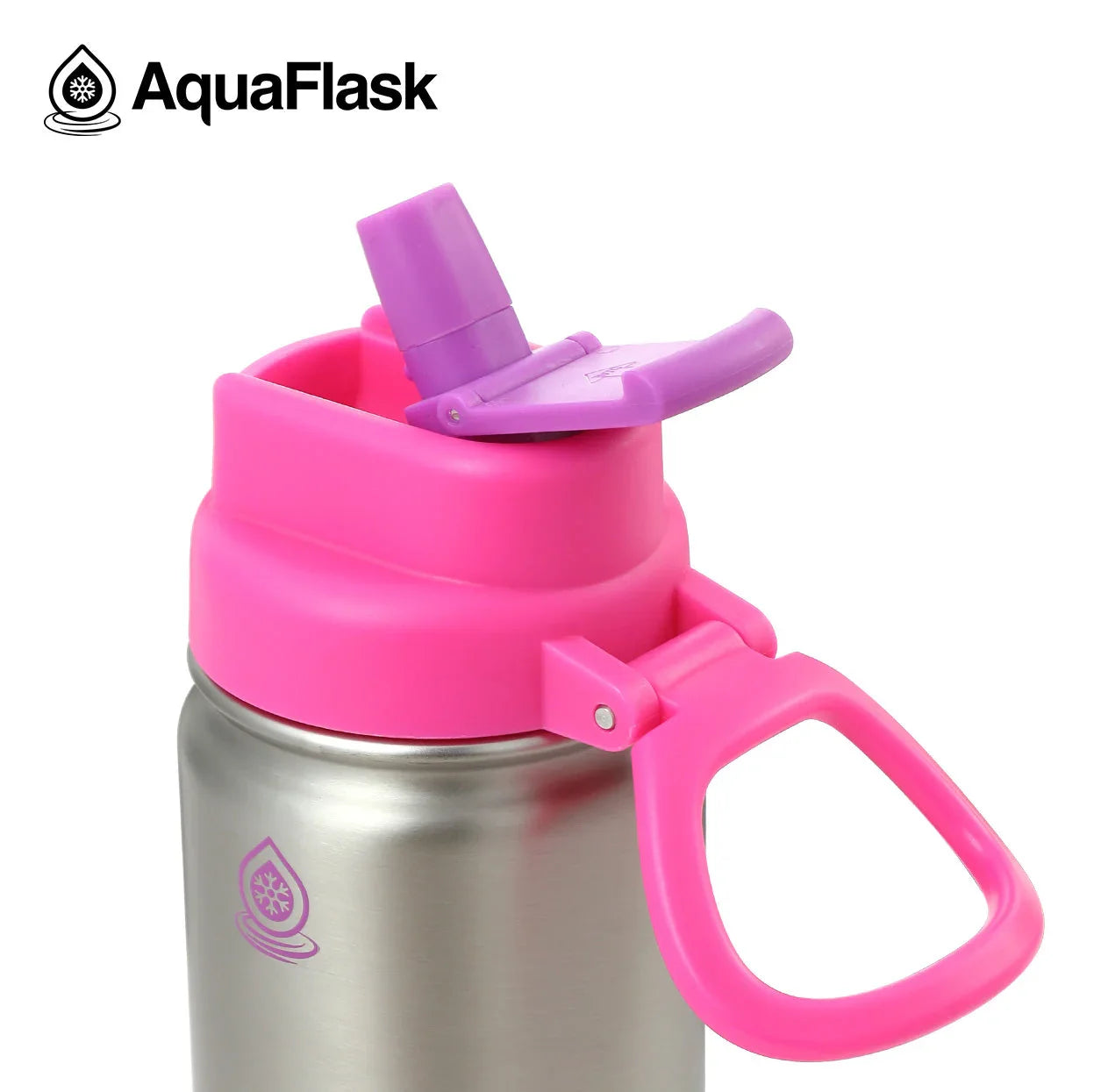 AquaFlask Kids Flip Sip Luna 14oz stainless steel water bottle with pink and purple lid