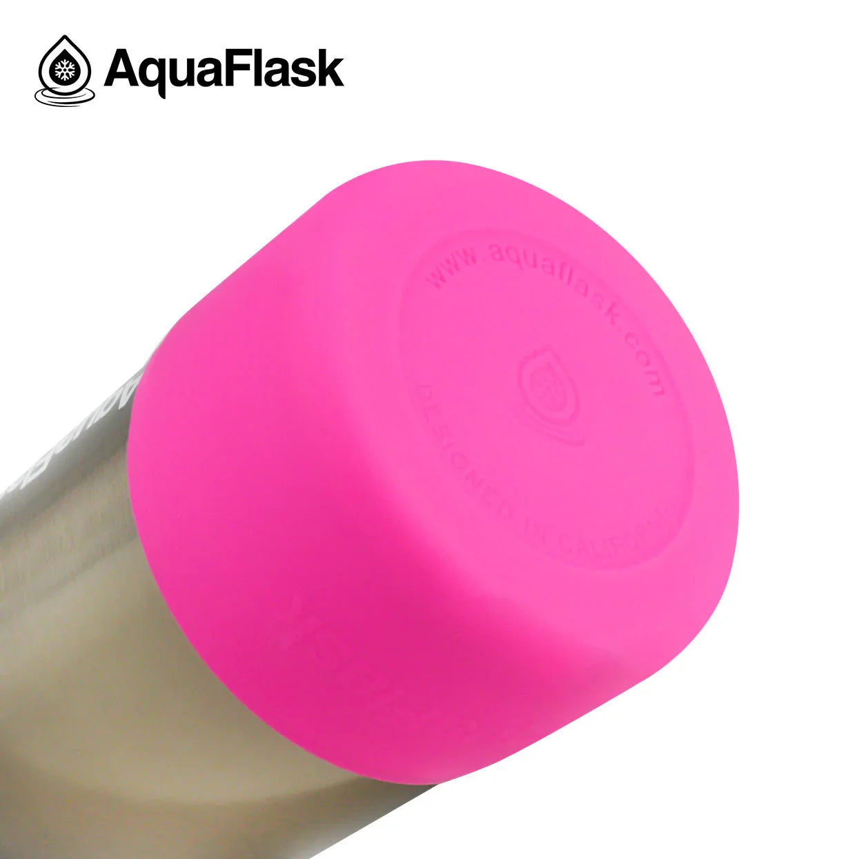 AquaFlask stainless steel bottle with bright pink lid, close-up product shot