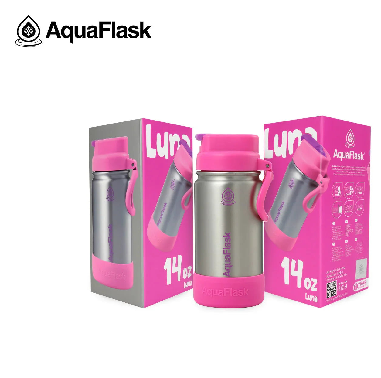 AquaFlask Kids Flip Sip Luna 14oz stainless steel water bottle with pink lid and box