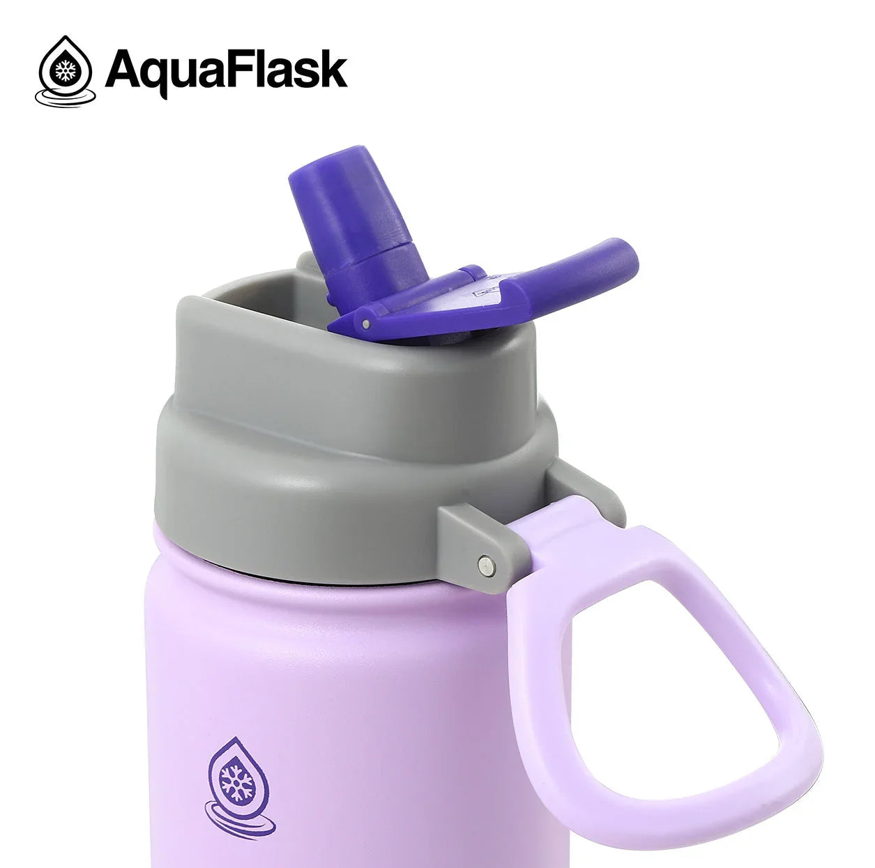 AquaFlask Kids Flip Sip 14oz lavender water bottle with purple straw lid and handle