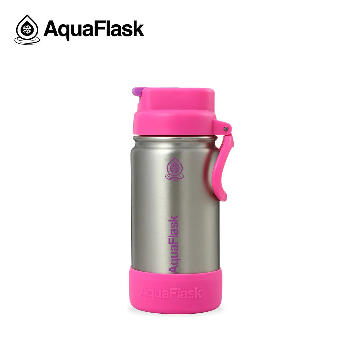 AquaFlask Kids FlipSip Luna 14oz stainless steel water bottle with pink lid and base.