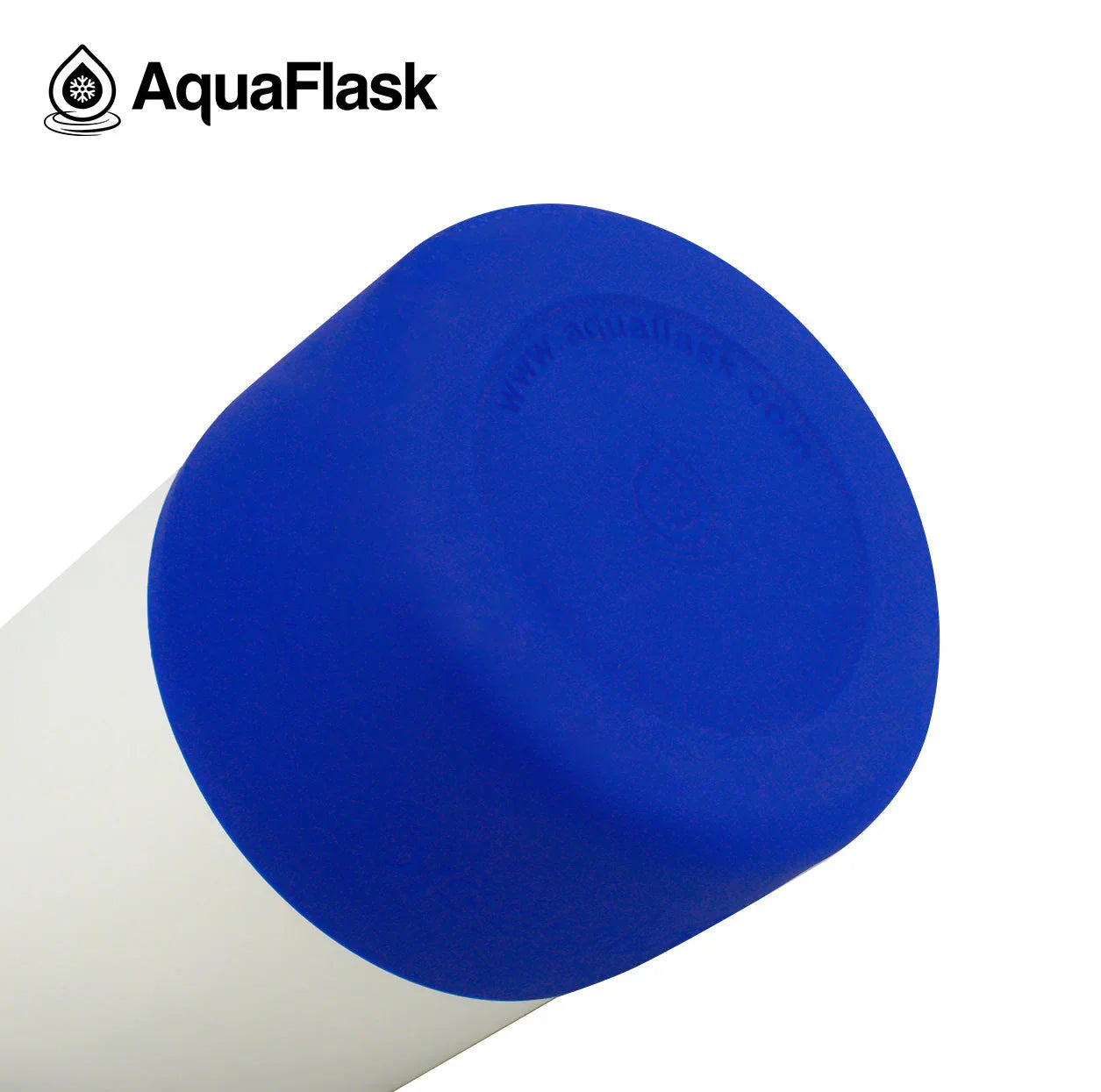 AquaFlask bottle with blue lid, close-up, showing AquaFlask logo on white background
