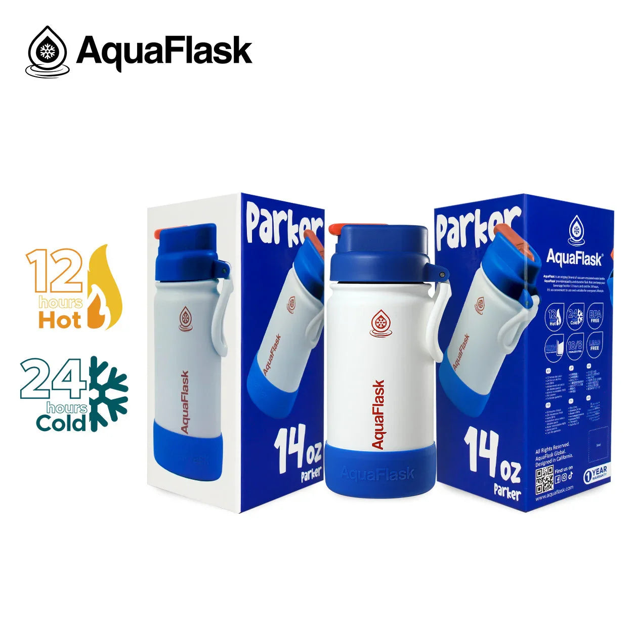 AquaFlask Parker 14oz kids water bottle with blue lid and box, 12 hours hot, 24 hours cold.